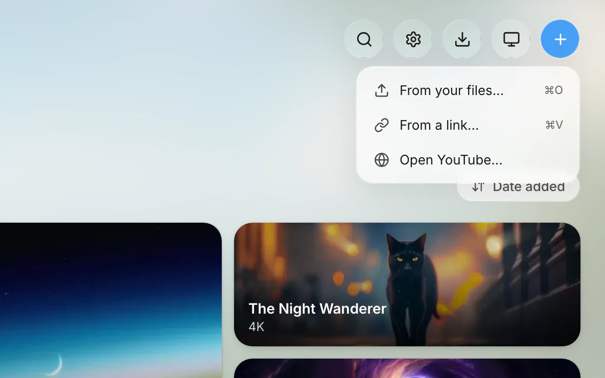 Seasill’s Add menu, open under the + button at the top right of the window: From your files, with the shortcut Command O; From a link, with Command V; and Open YouTube.