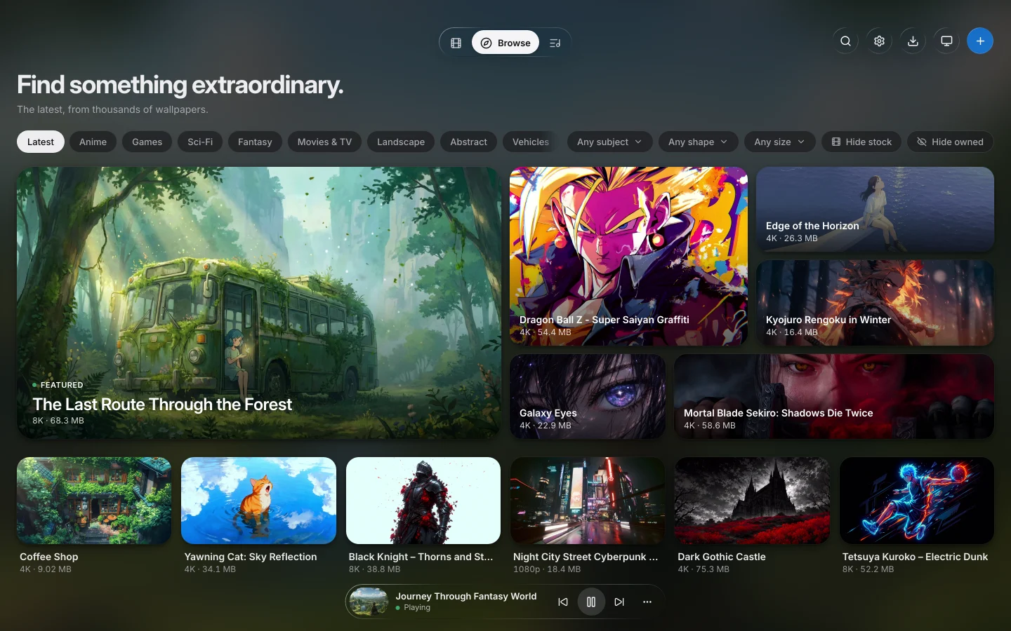 Browse, the catalogue in Seasill, in dark mode.