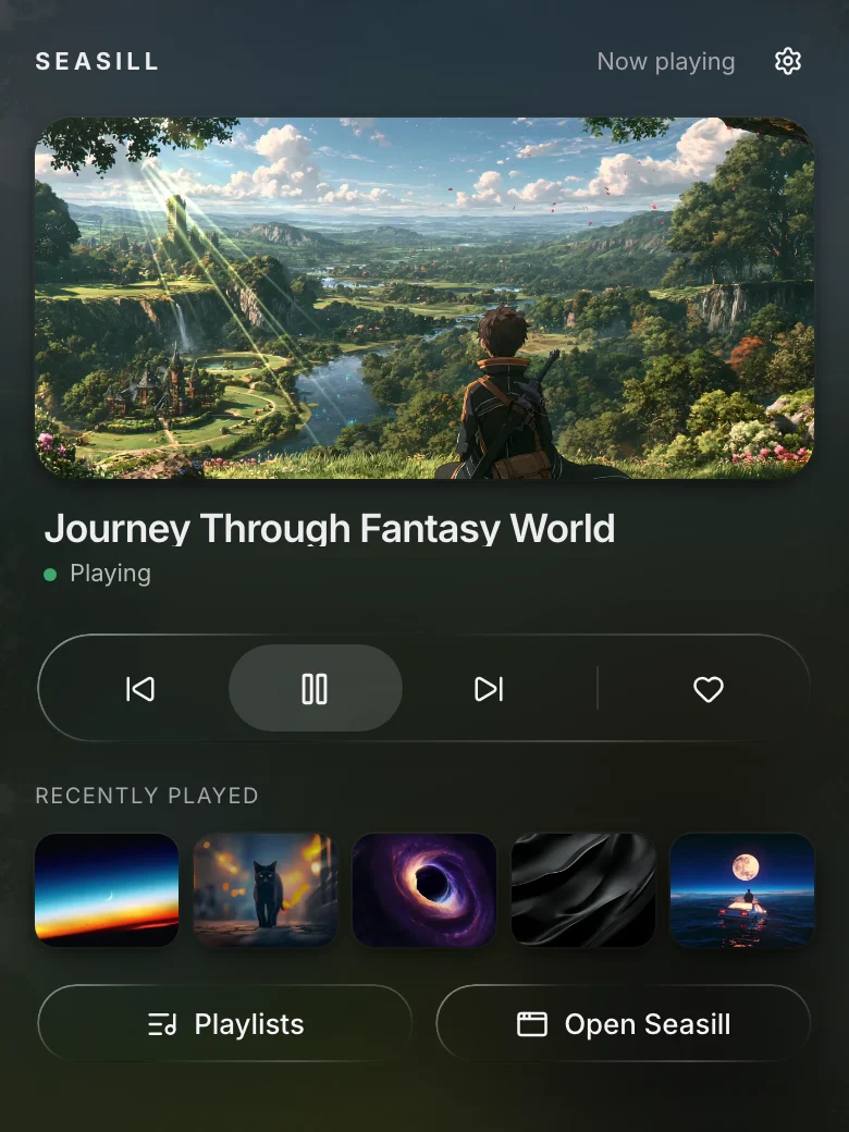 Seasill’s menu bar window in dark mode, with the wallpaper playing now and the recent ones.