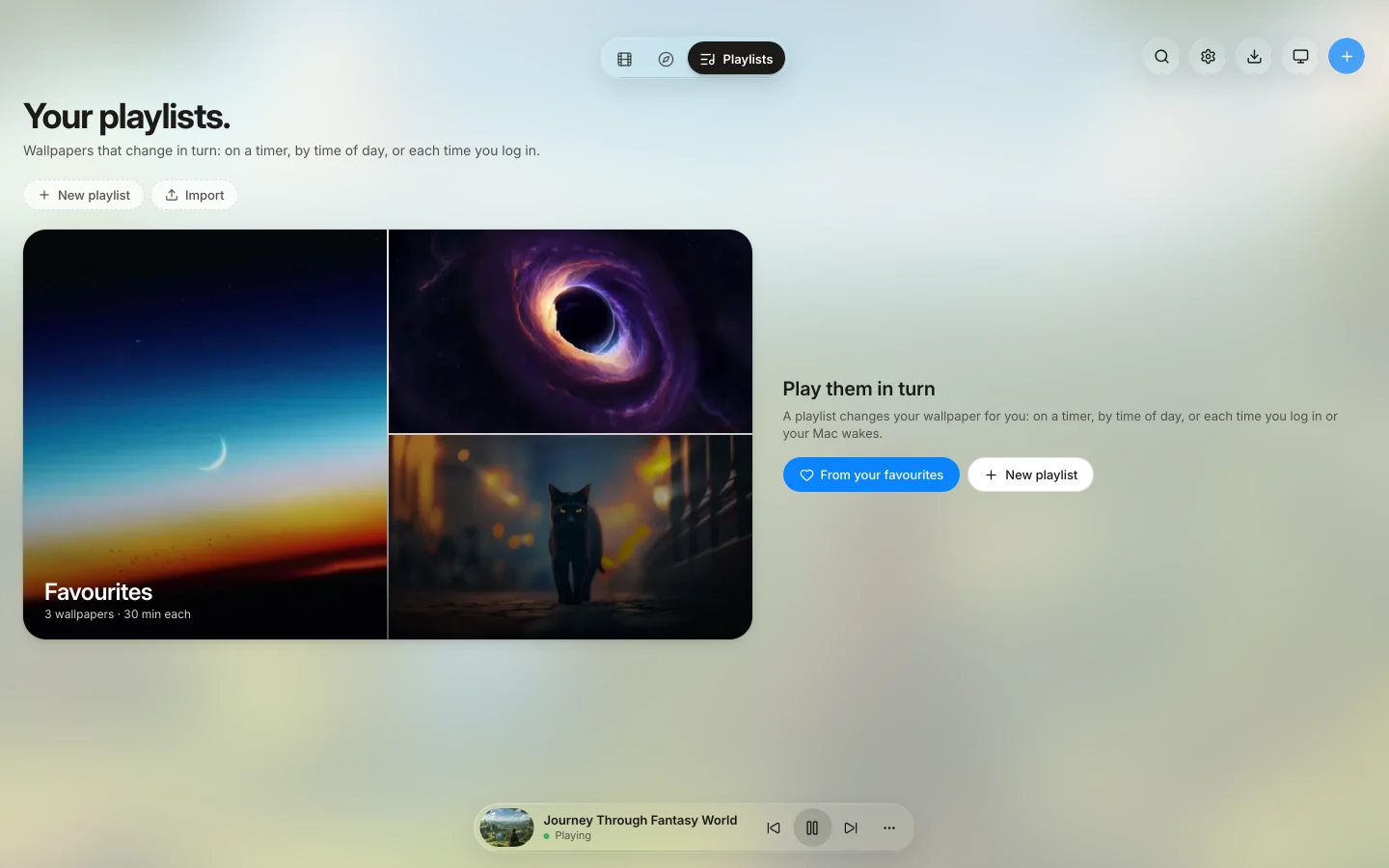 Playlists in Seasill: wallpapers that change on a timer, by time of day, or at log-in.