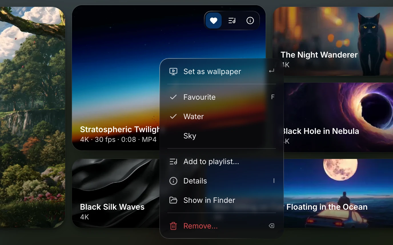 Seasill’s Library in dark mode, with a wallpaper’s menu open on Set as wallpaper, above Favourite, the collections Water and Sky, Add to playlist, Details, Show in Finder and Remove.